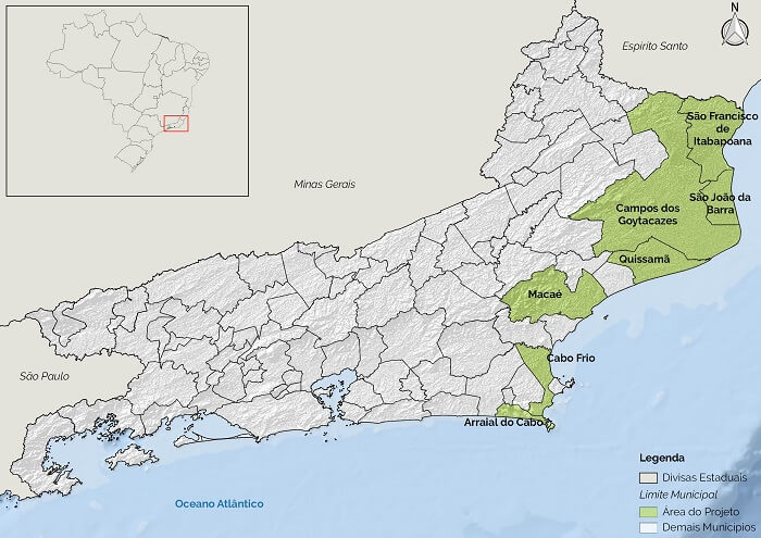 Mapa do rio de janeiro destacando a região de ação do projeto mulheres na pesca